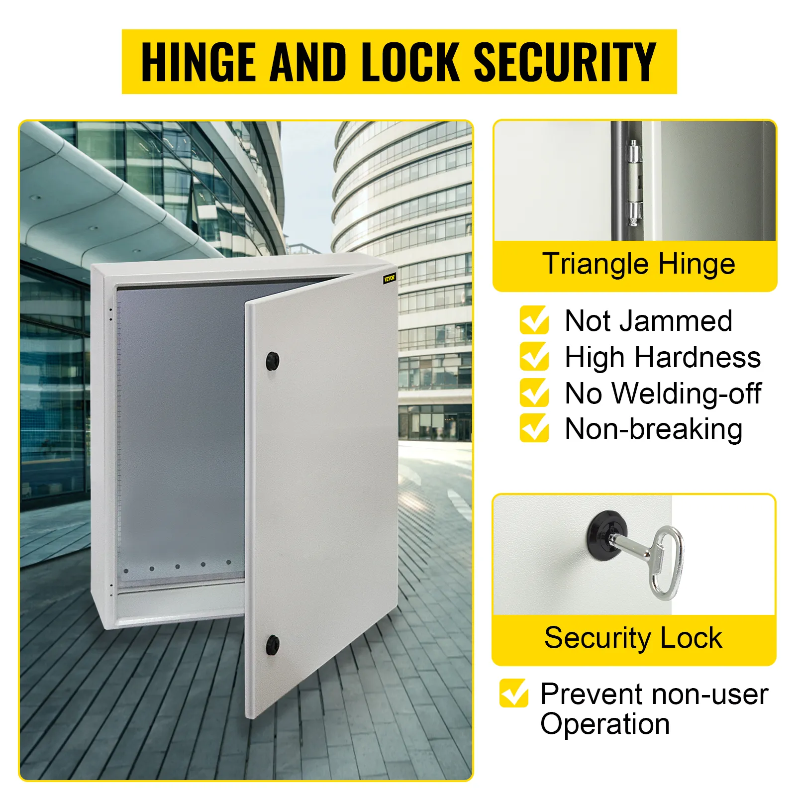 Caja eléctrica VEVOR con bisagra triangular segura, antiatascos, alta dureza y cerradura de seguridad protectora.