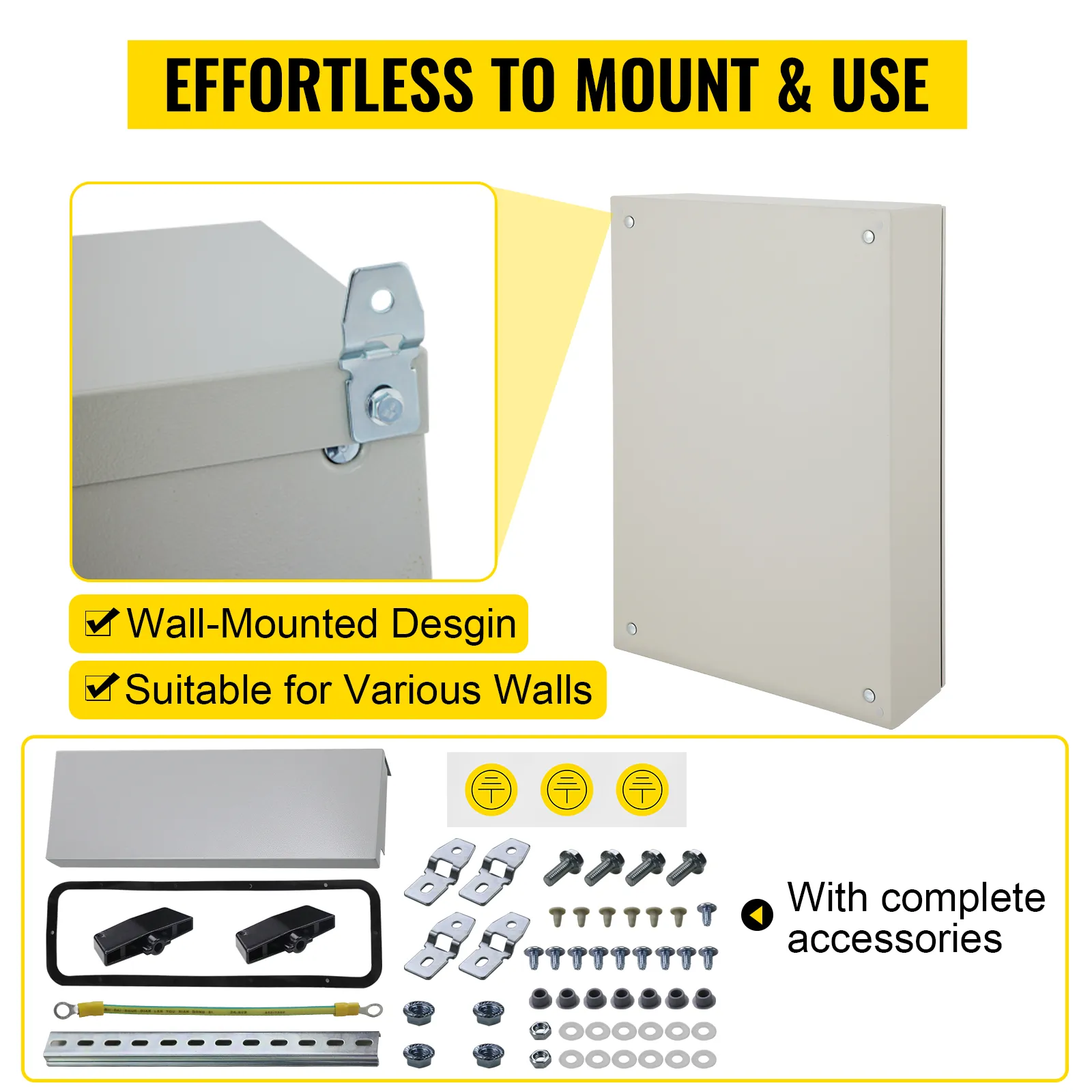 Armario eléctrico VEVOR de montaje en pared, apto para varias paredes, incluye accesorios completos.