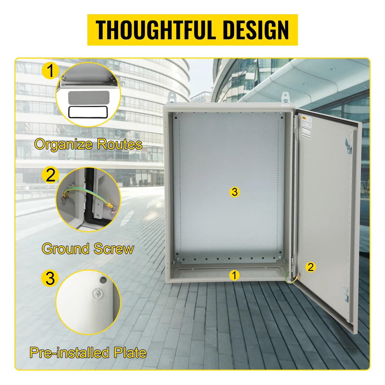 Caja eléctrica VEVOR con rutas organizadas, tornillo de tierra y placa preinstalada, diseño cuidado.