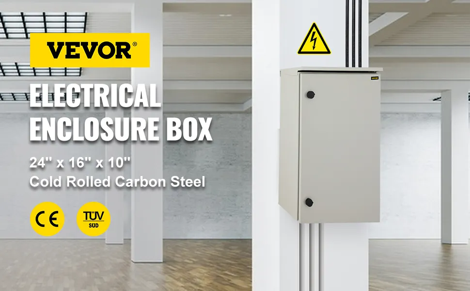 Caja de protección eléctrica VEVOR, 24" x 16" x 10", acero al carbono laminado en frío, montada en una pared con señal de advertencia.