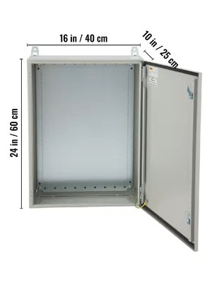 Dimensiones del gabinete eléctrico VEVOR: 24 pulgadas x 16 pulgadas x 10 pulgadas, vista de puerta abierta.