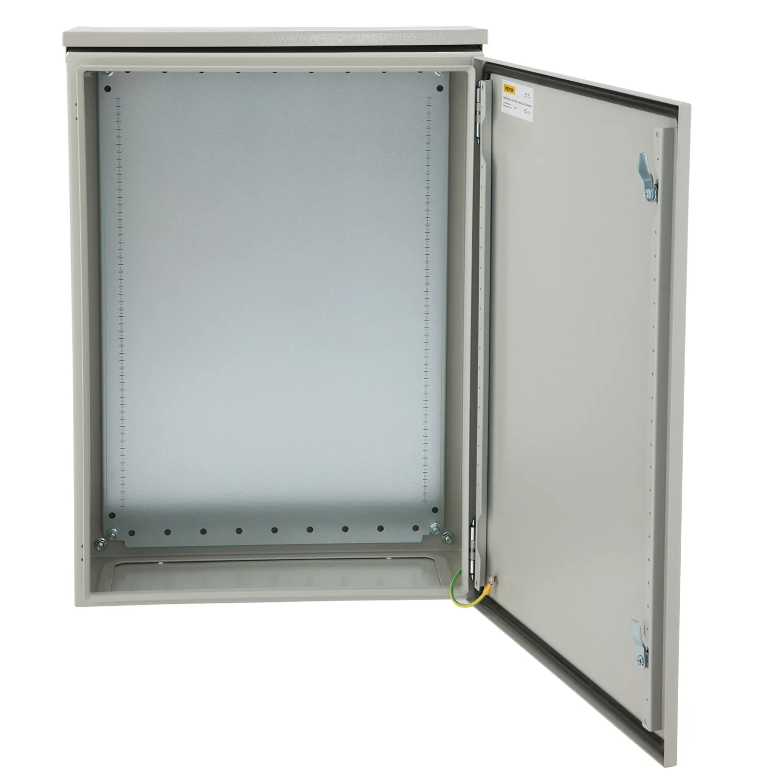 Puerta abierta del gabinete eléctrico VEVOR que muestra el interior vacío con bisagra lateral y sistema de bloqueo seguro.