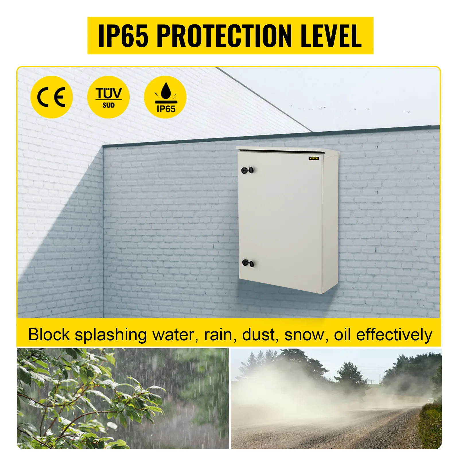 Caja eléctrica VEVOR con protección ip65, bloqueando agua, lluvia, polvo, nieve y aceite.