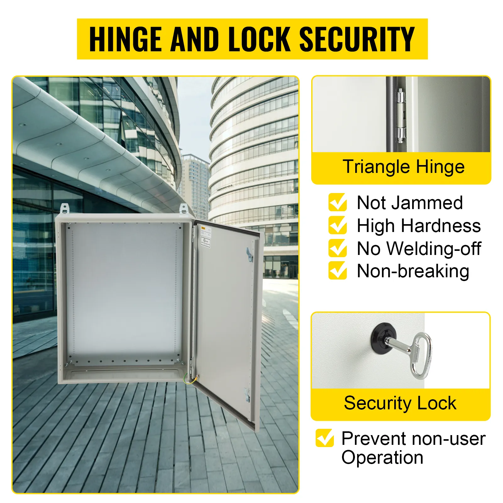 Caja eléctrica VEVOR con bisagra triangular y cerradura de seguridad para mayor seguridad y durabilidad.