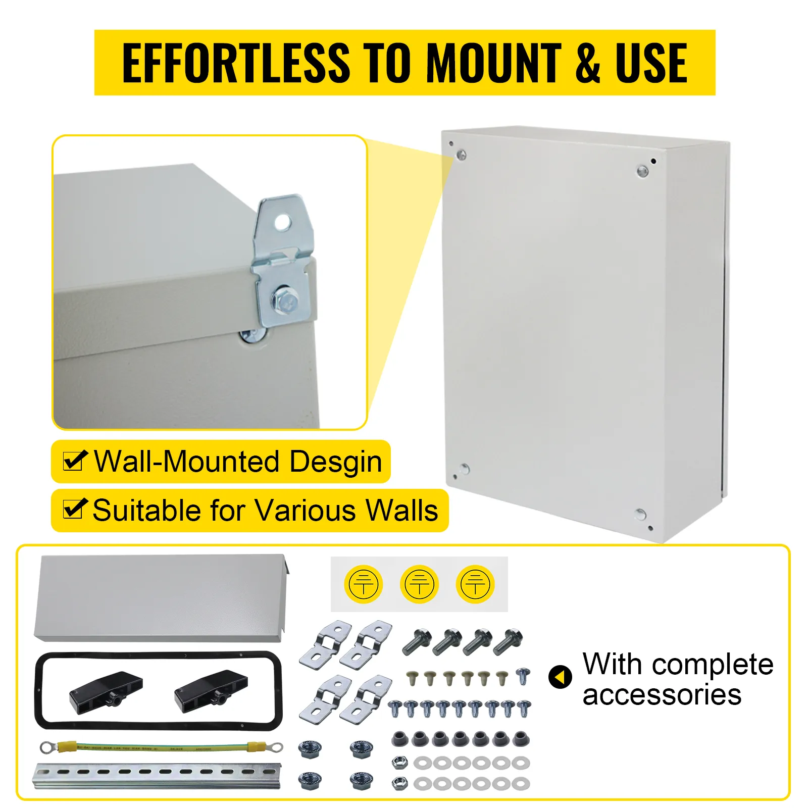 Caja eléctrica VEVOR: montaje en pared, adecuada para varias paredes, incluye todos los accesorios necesarios.