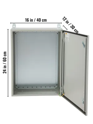 open VEVOR electrical enclosure, 24 in x 16 in x 12 in, metal construction with mounting brackets.