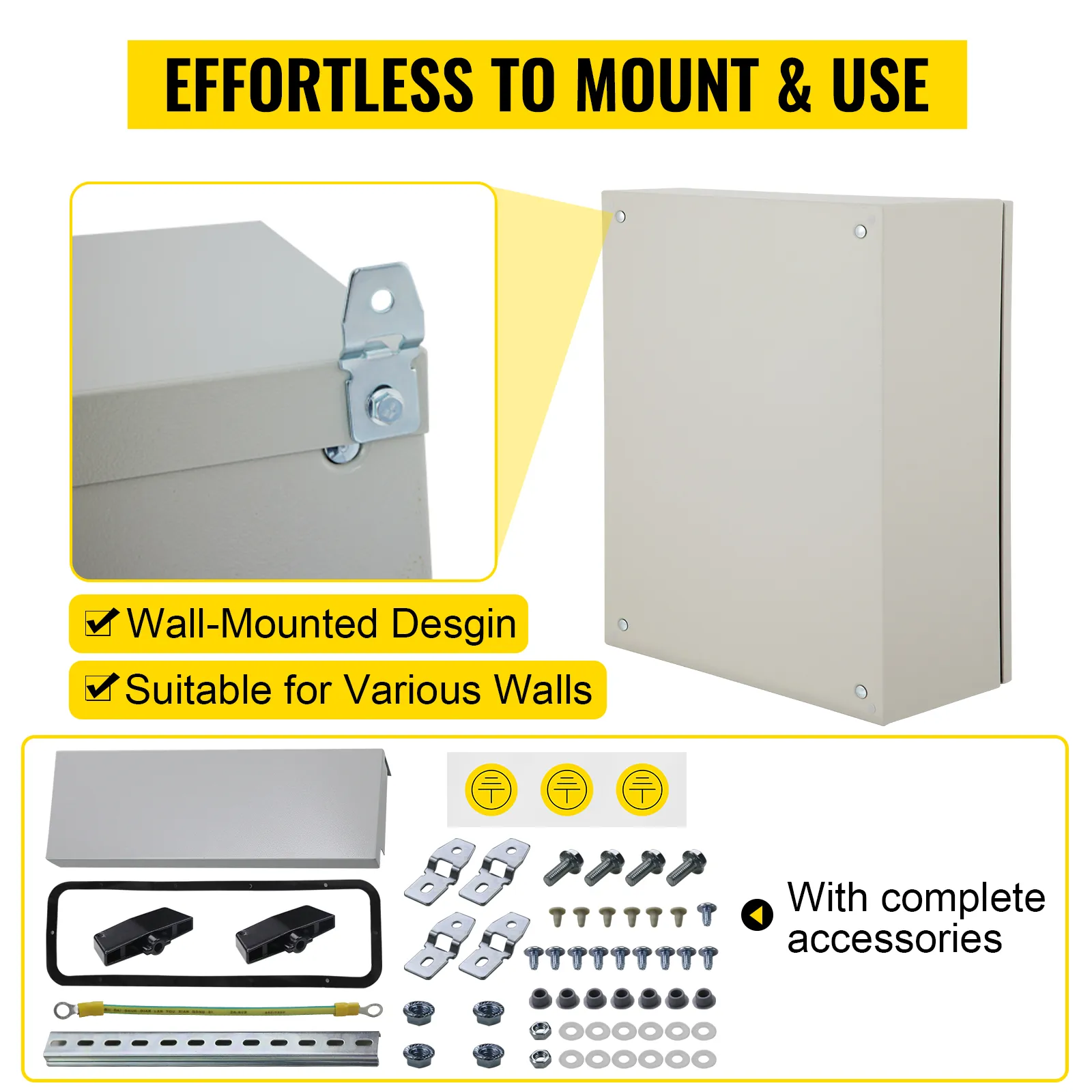 VEVOR electrical enclosure, wall-mounted design, complete with mounting accessories, suitable for various walls.