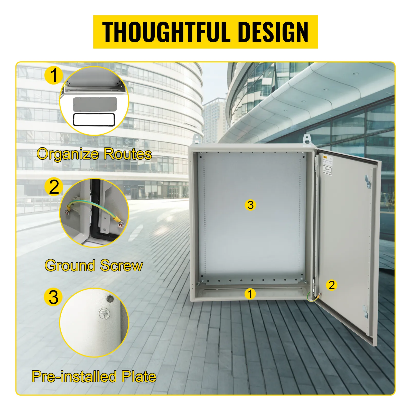 VEVOR electrical enclosure with pre-installed plate, ground screw, and organized routes, thoughtful design.