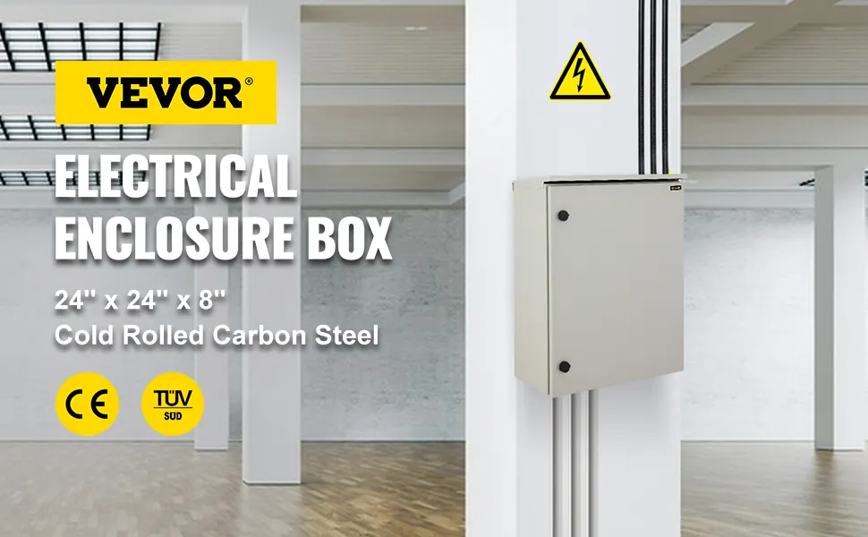 Caja de protección eléctrica VEVOR, 24" x 24" x 8", de acero al carbono laminado en frío, montada sobre un pilar blanco en el interior.