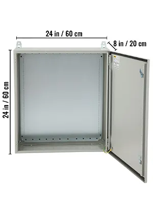 Caja eléctrica VEVOR de 24 x 24 x 8 pulgadas con puerta abierta que muestra un interior espacioso.