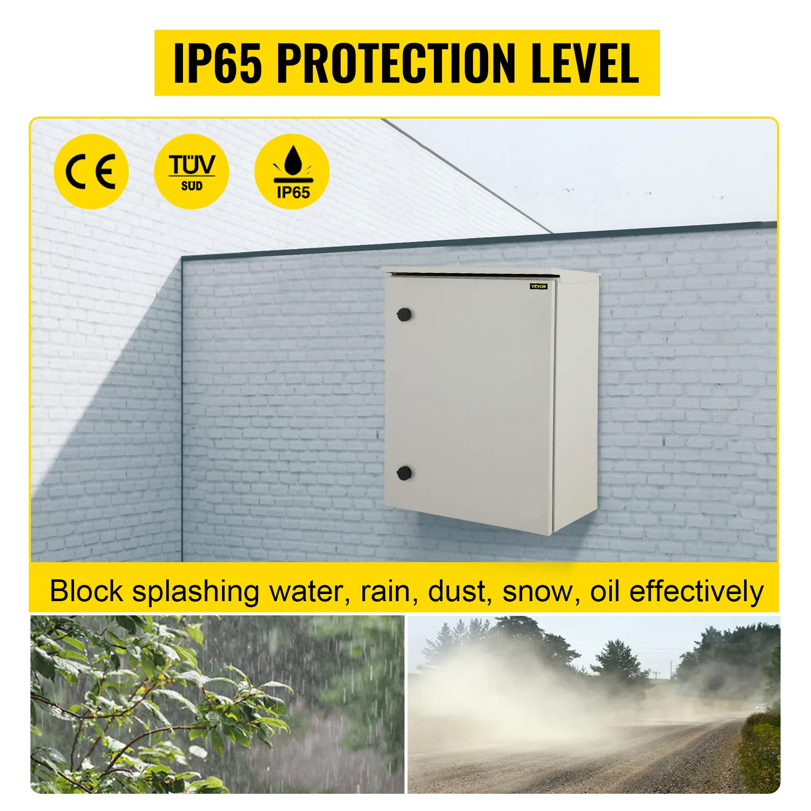 Caja eléctrica VEVOR con protección IP65 contra agua, lluvia, polvo, nieve y aceite.