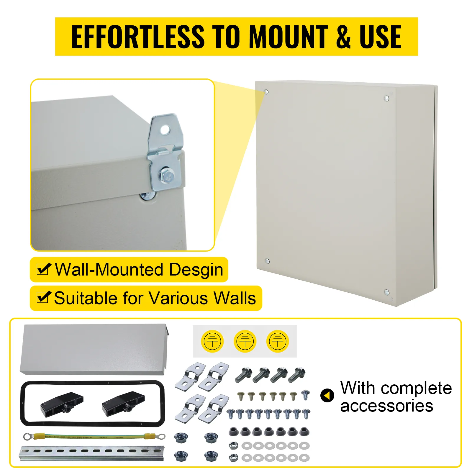 Caja eléctrica VEVOR, diseño para montaje en pared, accesorios completos, adecuada para varias paredes.