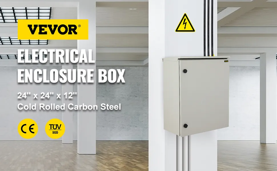 VEVOR electrical enclosure box in modern room, cold rolled carbon steel, ce and tuv certified.