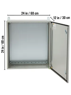 VEVOR electrical enclosure, 24x24x12 inch, open-door view, gray metal cabinet with mounting holes.