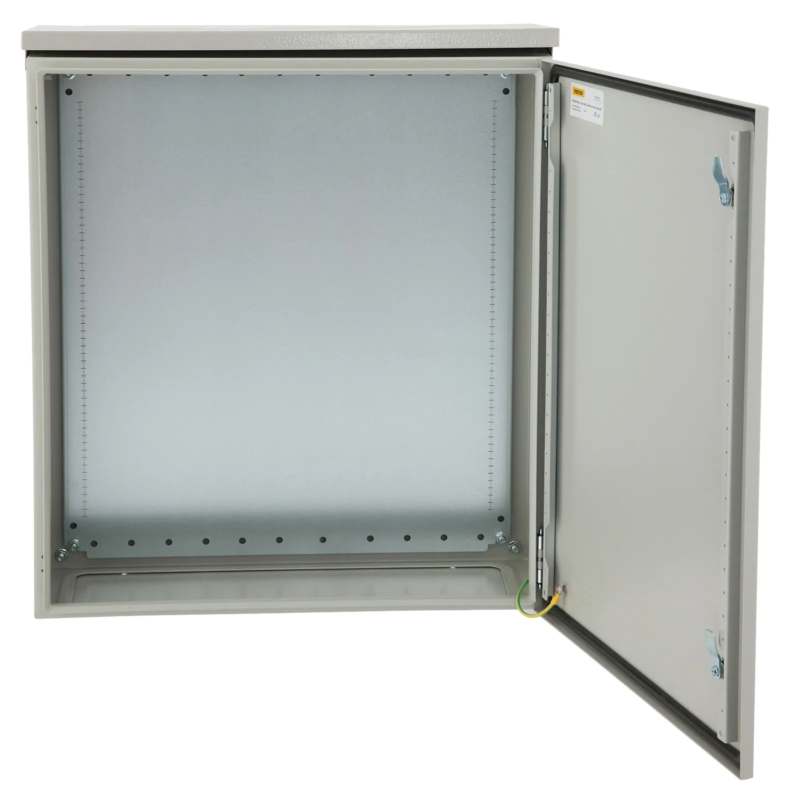 gray VEVOR electrical enclosure with open door, revealing empty metal interior and wiring.
