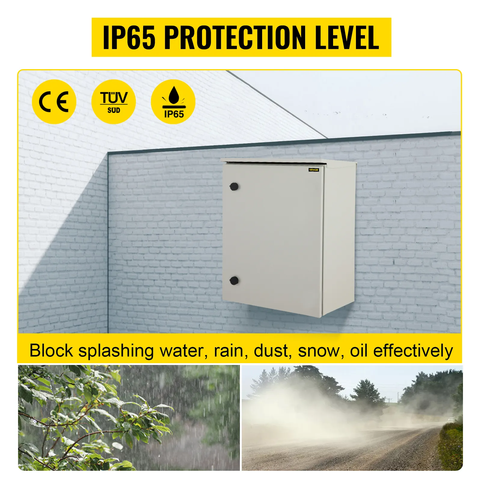 VEVOR electrical enclosure, ip65 certified for water, dust, snow, and oil protection. ce and tuv sud approved.