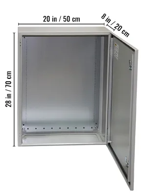 VEVOR electrical enclosure with dimensions 28 in x 20 in x 8 in, opened to show interior space.