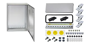 VEVOR electrical enclosure with open door, accessories including screws, bolts, connectors, and seals.