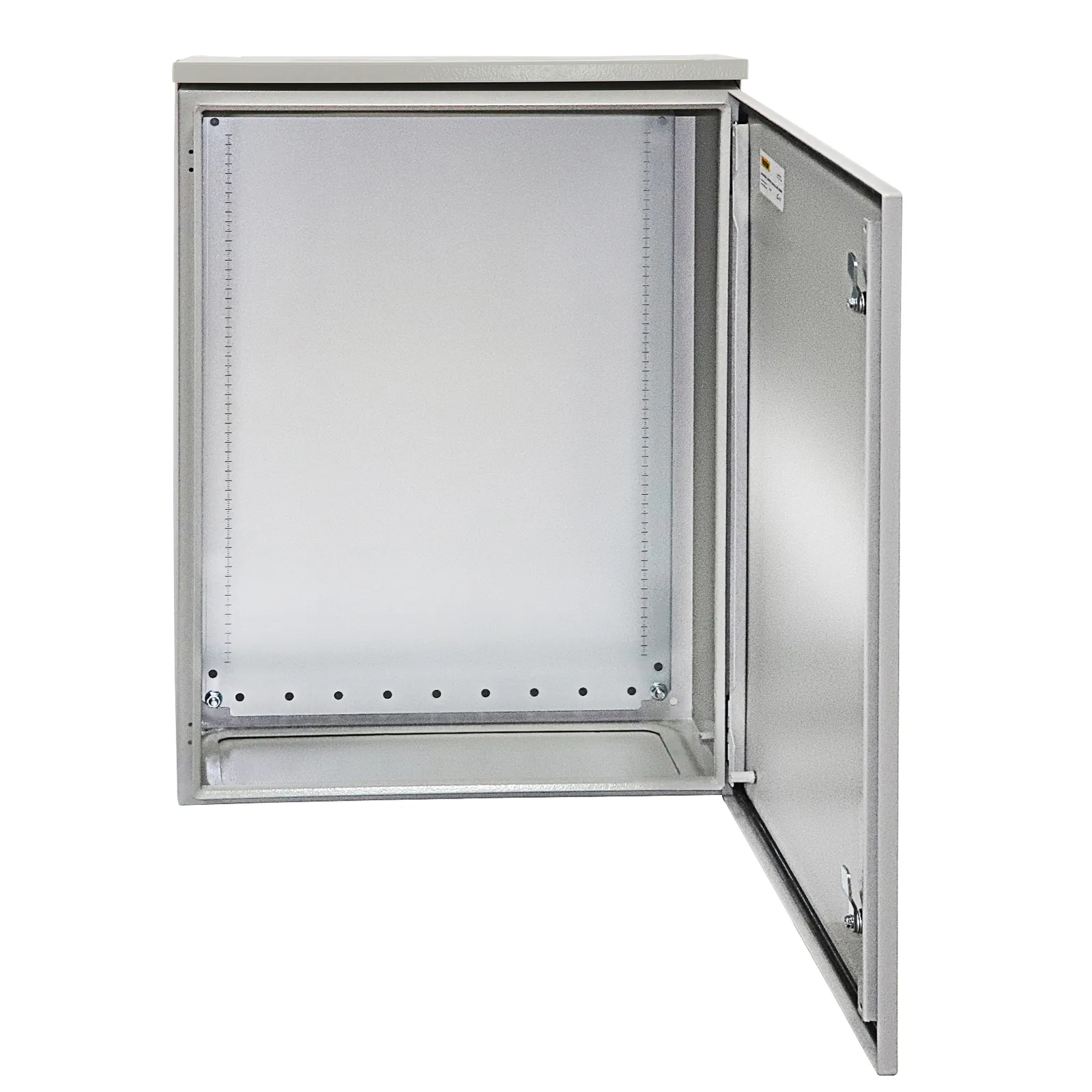 VEVOR electrical enclosure with open door showing empty interior and mounting holes.