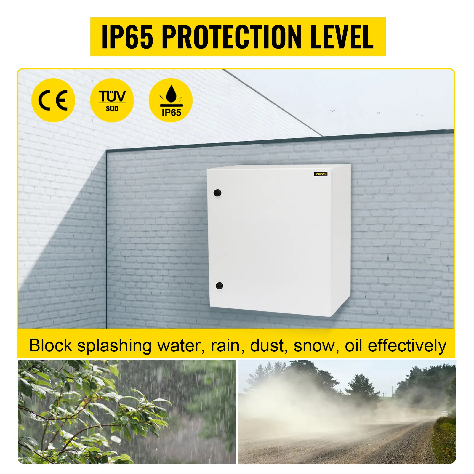 VEVOR electrical enclosure with ip65 protection level, blocking water, rain, dust, snow, and oil.
