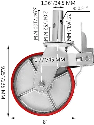 Ruedas para andamios VEVOR, llanta roja, diámetro de rueda de 8" con varias dimensiones etiquetadas.