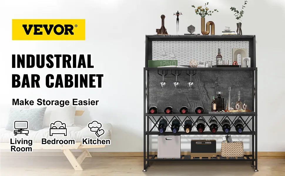 VEVOR wine rack industrial bar cabinet with shelves, glass holders, and wine storage in living room.