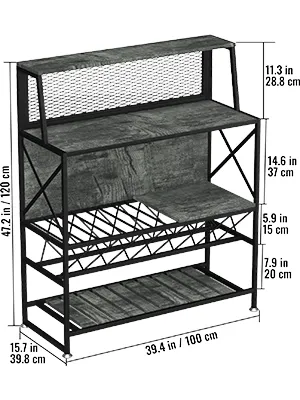 black metal and wood VEVOR wine rack with three shelves and wine storage, measuring 47.2 in x 39.4 in.