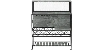 VEVOR wine rack with storage shelves, metal frame, and glass holder in a modern black finish.