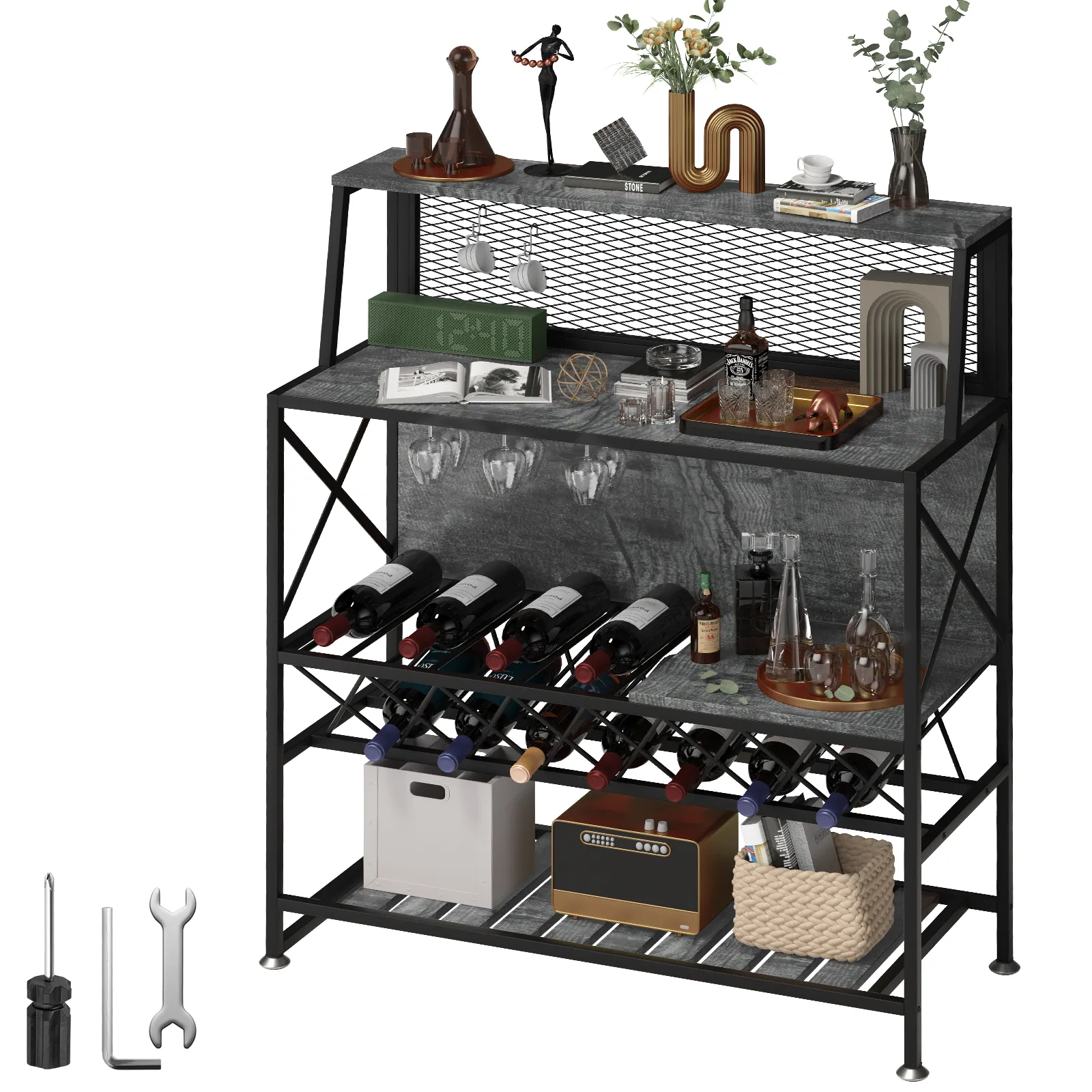 VEVOR wine rack with bottles, glasses, books, decor, and tools on a black metal and wood frame.