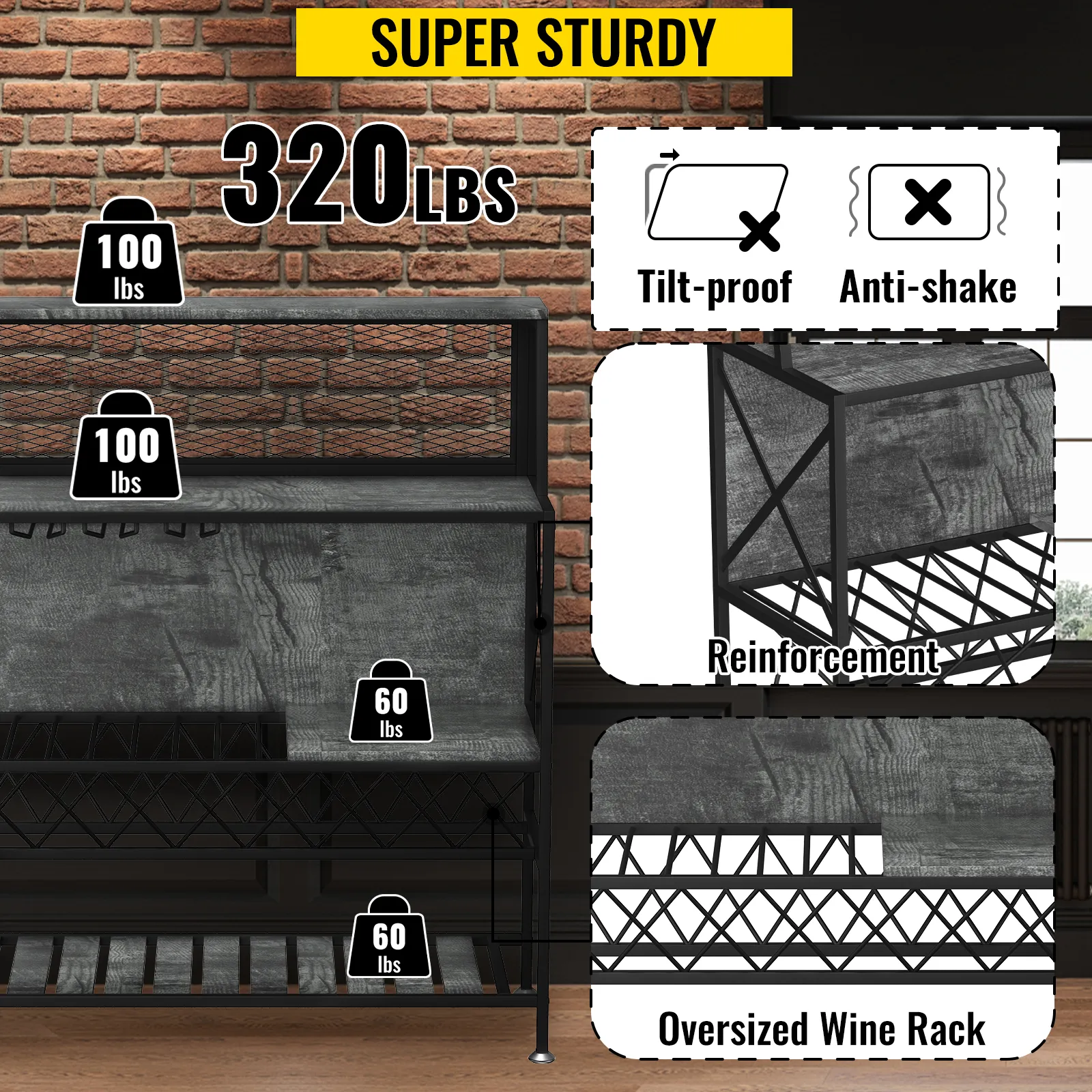 VEVOR wine rack with 320 lbs capacity, tilt-proof, anti-shake, and reinforced for stability.