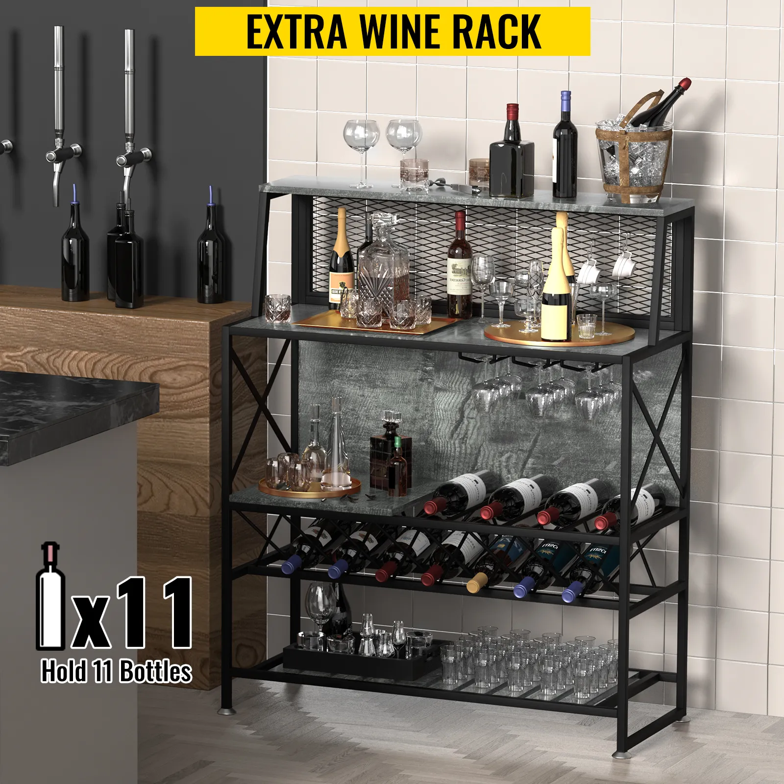 VEVOR wine rack holding 11 bottles in a home bar setup with glasses and other spirits displayed.