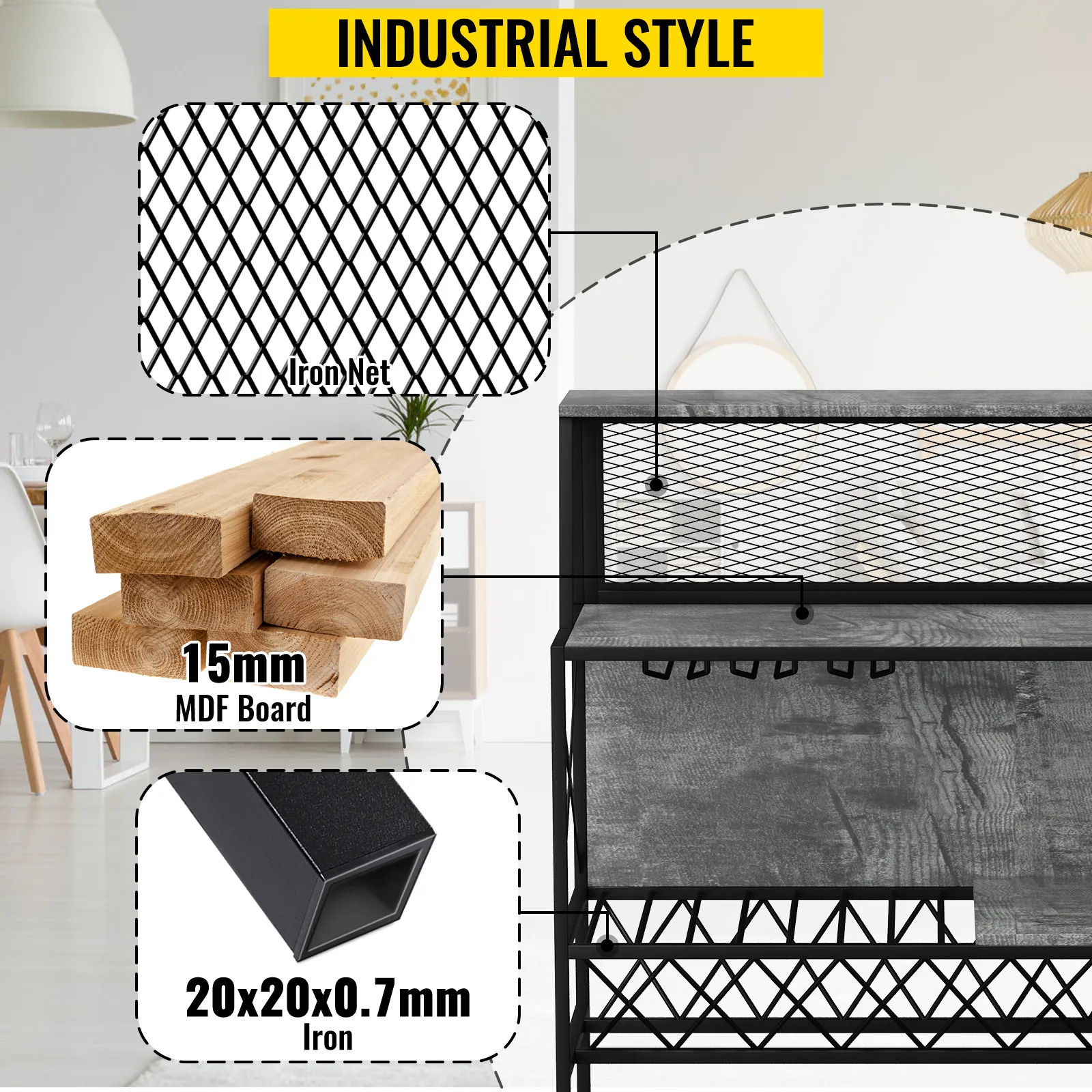 VEVOR wine rack with iron net, 15mm mdf board, 20x20x0.7mm iron frame, industrial style.