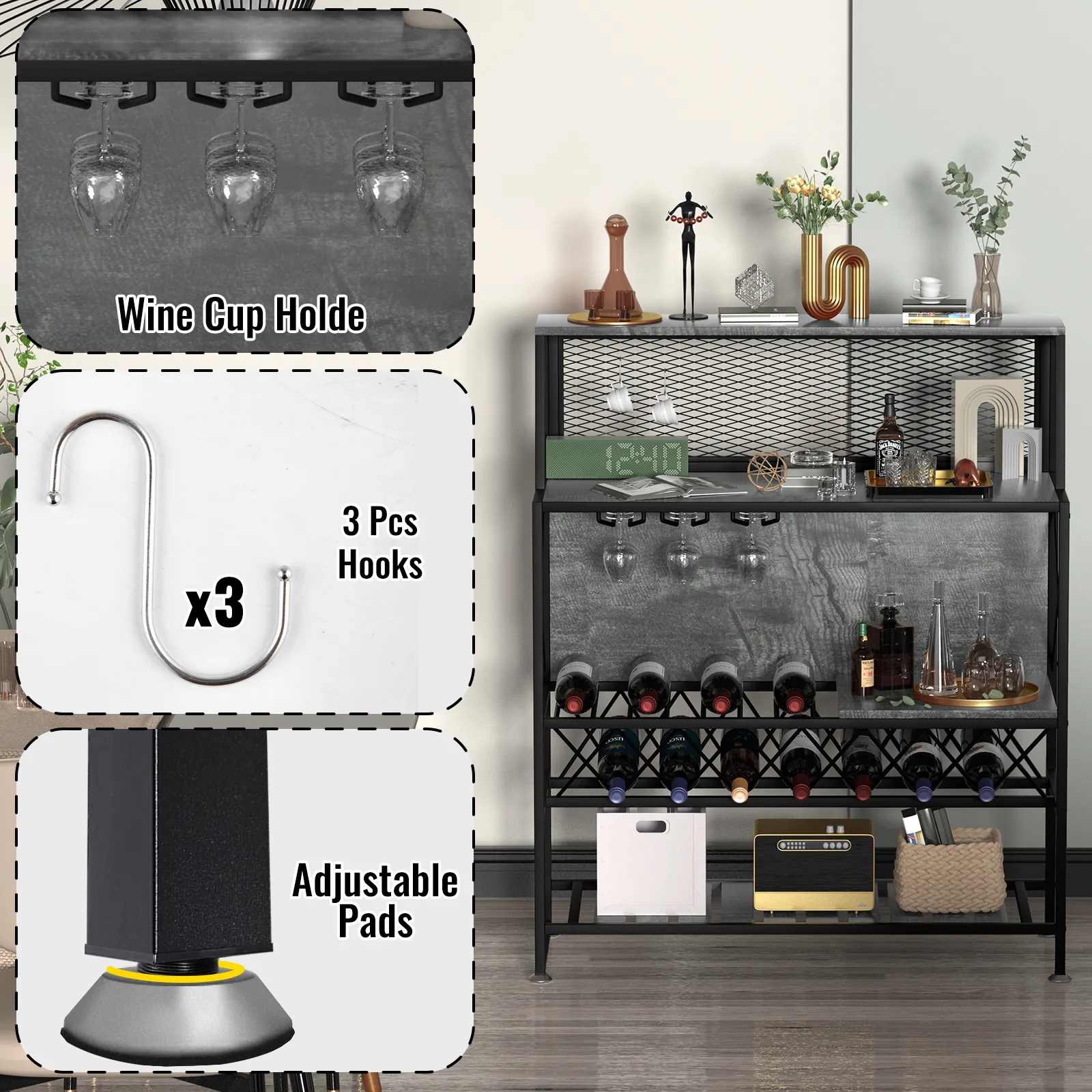 VEVOR wine rack with adjustable pads, wine cup holder, three hooks for added storage, and elegant accessories.