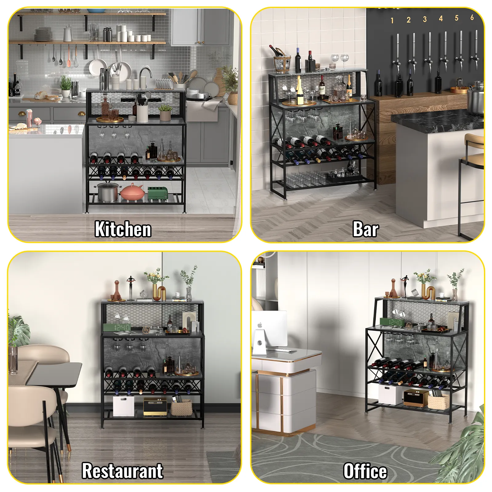 VEVOR wine rack displayed in four settings: kitchen, bar, restaurant, and office. stylish and versatile.