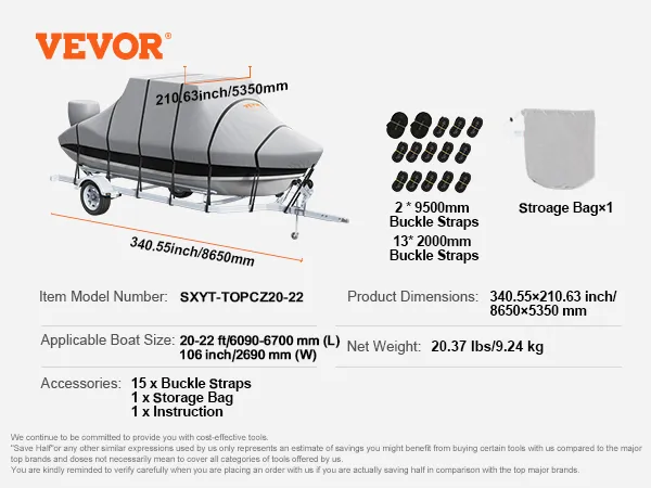 VEVOR T-Top-Bootsabdeckung, Modell sxcy-topcz20-22, 340,55 x 210,63 Zoll, Zubehör inklusive.
