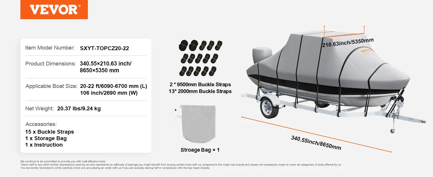VEVOR t top boat cover, model sxcy-topcz20-22, 340.55 x 210.63 inches, accessories included.