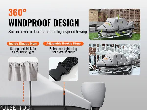 VEVOR T-Top-Bootsabdeckung mit winddichtem Design, verstellbarem Schnallenriemen und elastischem Saum innen.