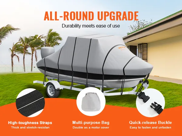 VEVOR T-Top-Bootsabdeckung auf einem Anhänger mit hochbelastbaren Gurten, Mehrzwecktasche und Schnellverschluss.
