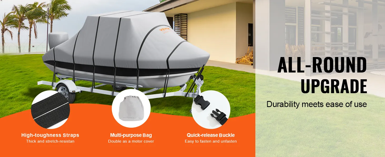 VEVOR t top boat cover on a trailer with high-toughness straps, multi-purpose bag, and quick-release buckle.