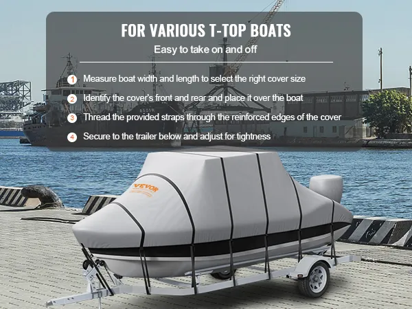 VEVOR T-Top-Bootsabdeckung auf einem Bootsanhänger an einem Dock, mit Hervorhebung der Montage- und Sicherungsschritte.
