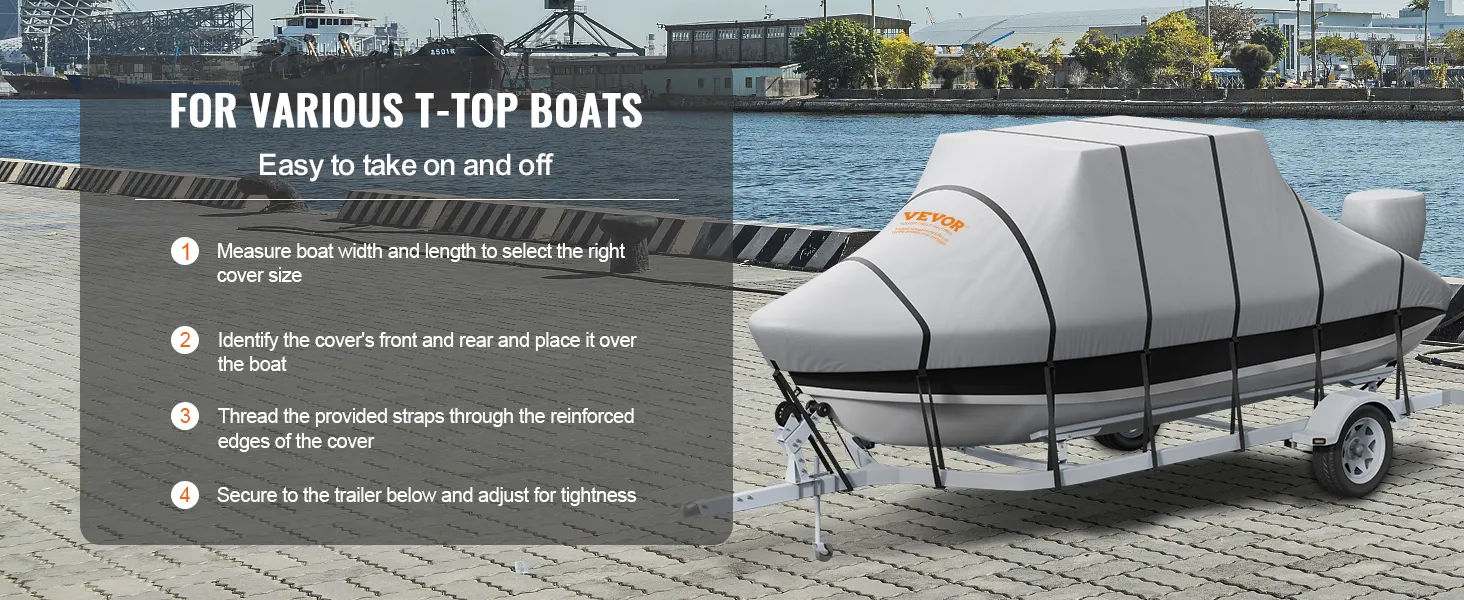 VEVOR t top boat cover on boat trailer at a dock, highlighting fitting and securing steps.