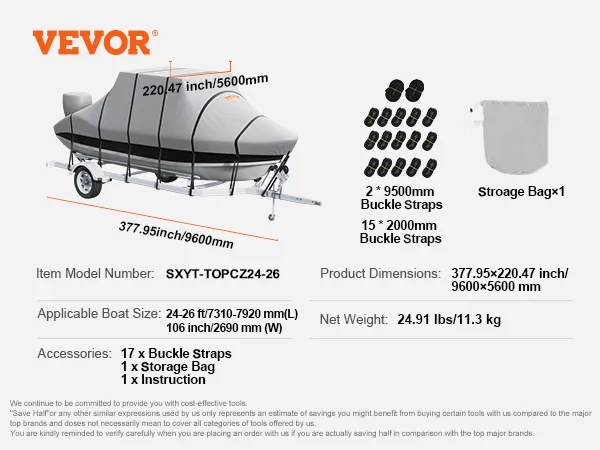 De VEVOR T Top boothoes beschermt uw boot met 17 gespriemen, opbergzak en gedetailleerde afmetingen.