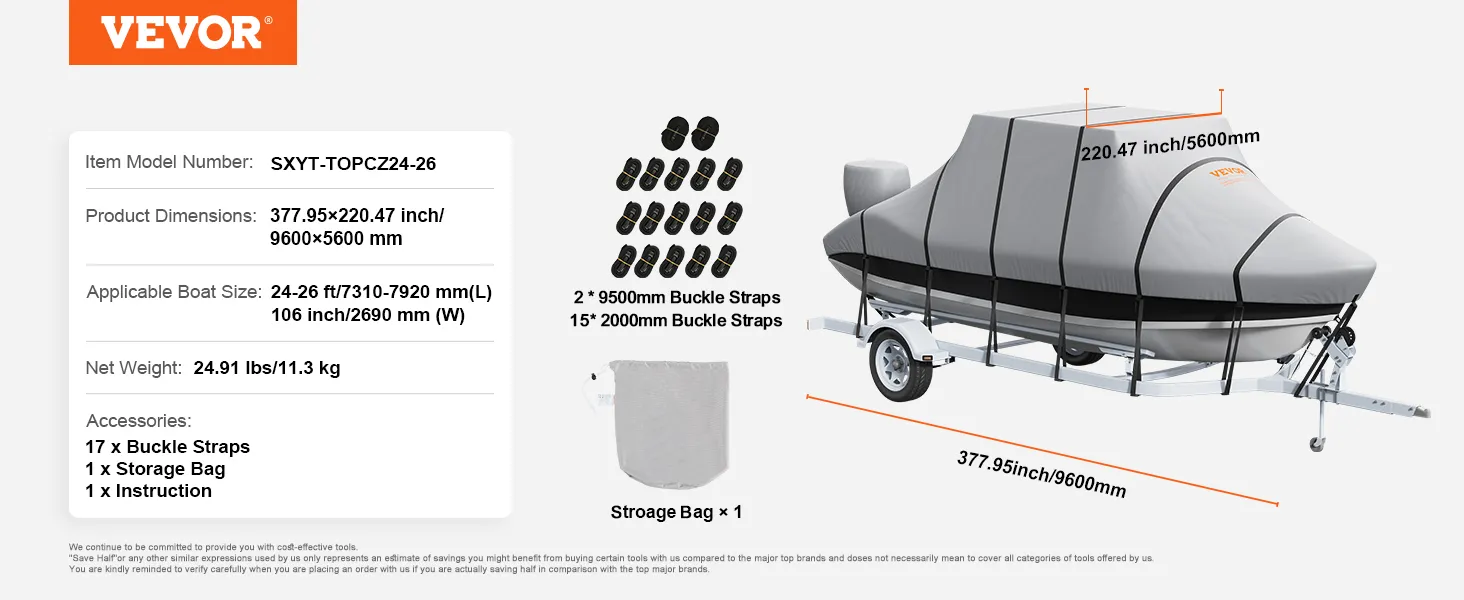 De VEVOR T Top boothoes beschermt uw boot met 17 gespriemen, opbergzak en gedetailleerde afmetingen.