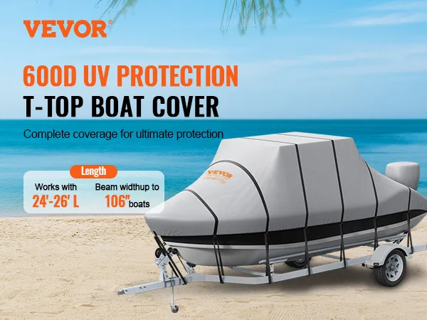 De VEVOR T Top boothoes biedt 600D UV-bescherming voor boten van 24-26 voet (7-8 meter) en is geschikt voor boten met een breedte tot 106 inch.