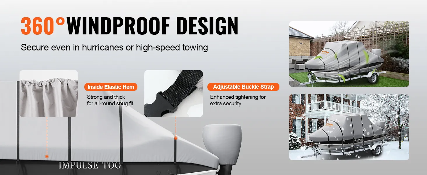 VEVOR t top boothoes: 360° winddicht ontwerp, elastische zoom, verstelbare gespband voor een veilige pasvorm.