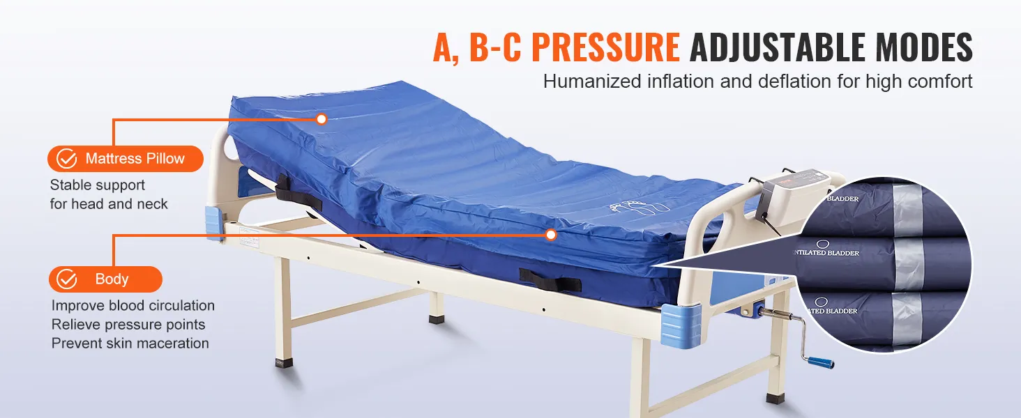Colchón de presión de aire VEVOR en una cama de hospital que presenta modos ajustables para mayor comodidad y apoyo.