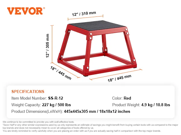 box pliometrico rosso VEVOR, 18x18x12 pollici, capacità di carico 227 kg.