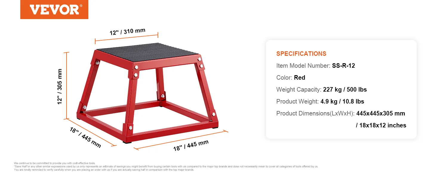 box pliometrico rosso VEVOR, 18x18x12 pollici, capacità di carico 227 kg.