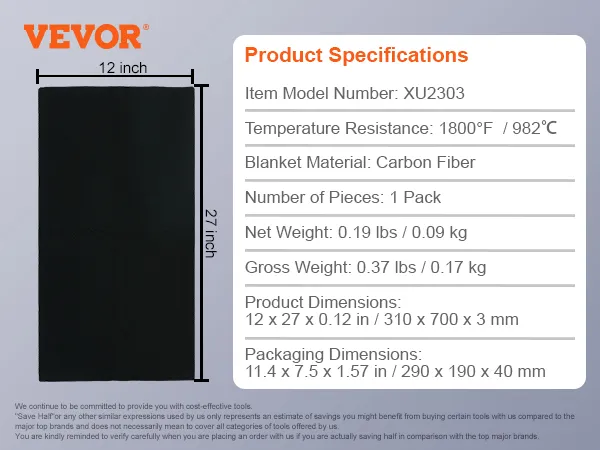 VEVOR welding blanket, carbon fiber, 12x27 inches, temperature resistance 1800°f, lightweight and durable.