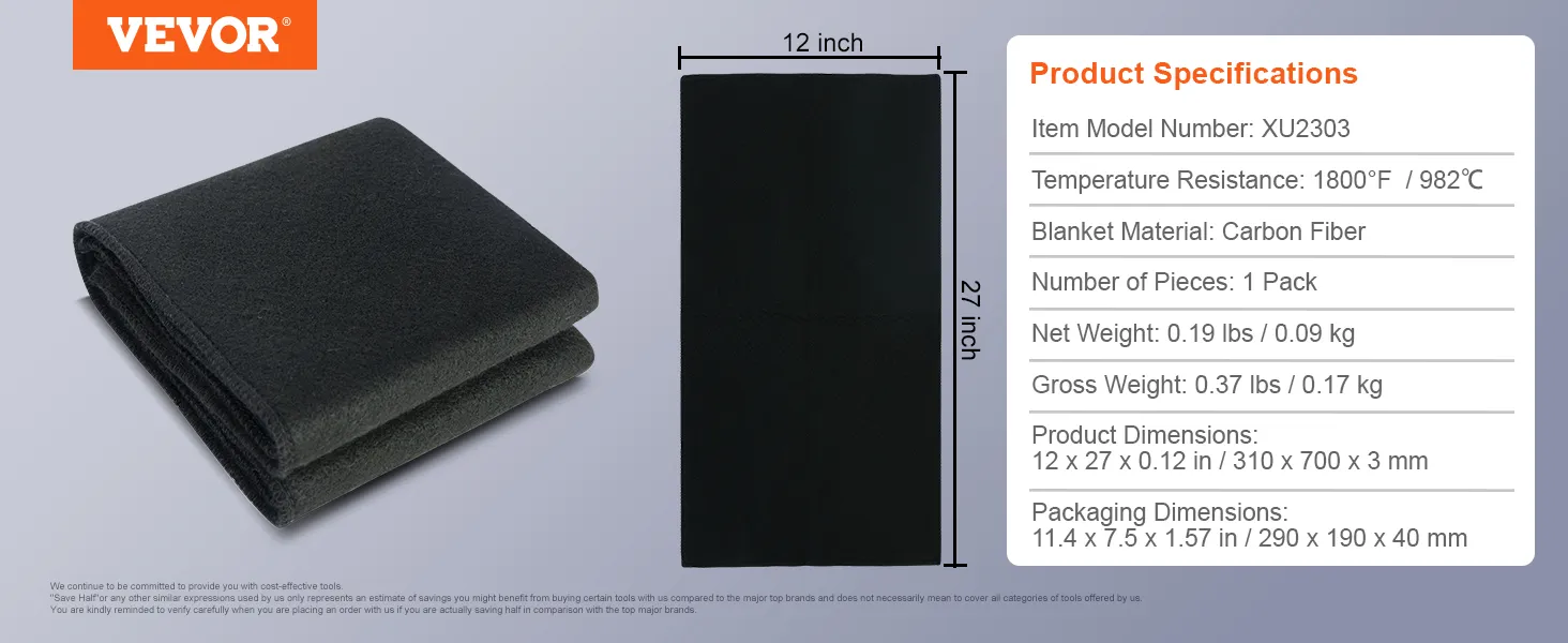 VEVOR welding blanket, carbon fiber, 12x27 inches, temperature resistance 1800°f, lightweight and durable.